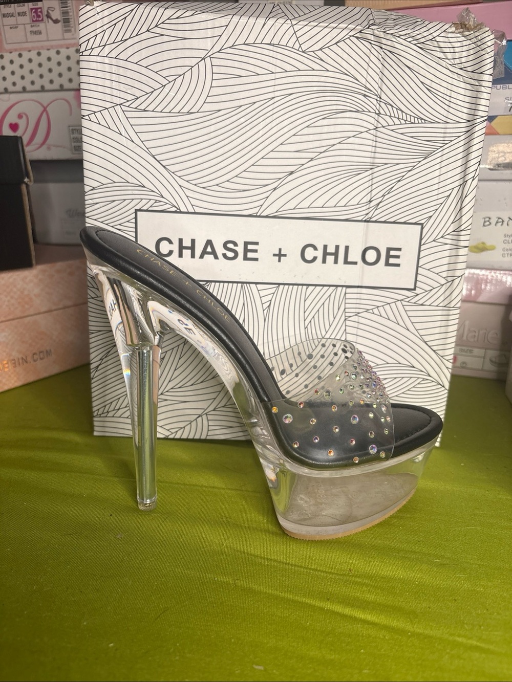 Chase + Chloe Clear Platform Slide with Black Footbed and Rhinestones